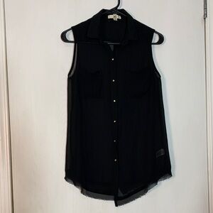 Ya Los Angeles Black Chiffron Sleeveless Blouse with Frayed Hem S Dark Academia